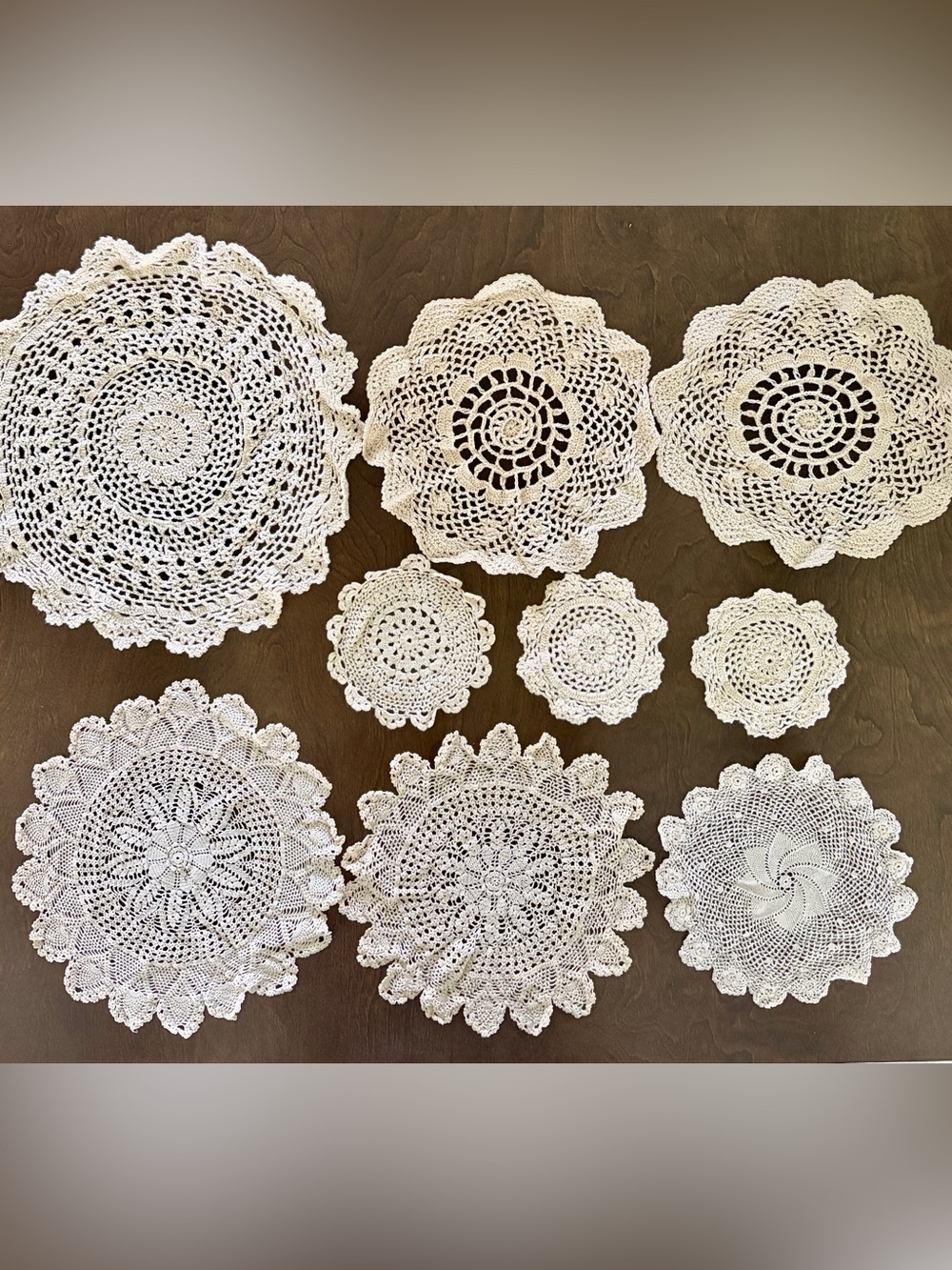 Lot of 9 Vintage Handmade Crochet Lace Doilies Assorted Sizes White Cream Craft